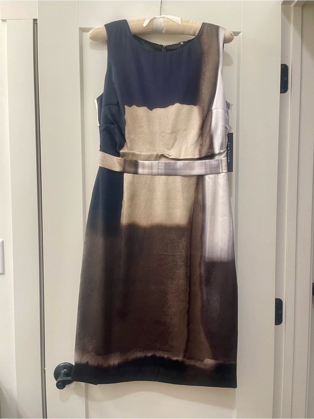 Elie Tahari Bernice Sleeveless Silk Colorblock Midi Dress in Black, Grey & Cream